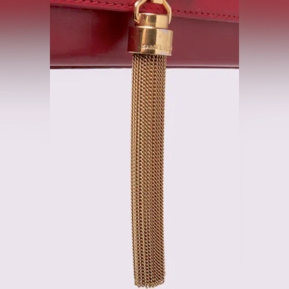 Auth Saint Laurent Red Leather Pompom Kate Clutch Pouchette Tassel Preloved Ex++ - Picture 4 of 16